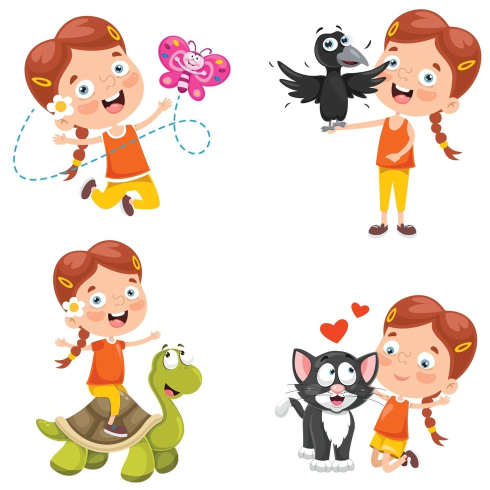Little Girl Playing With Animals vector