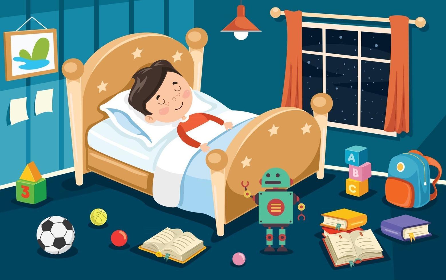 Little Cute Kid Sleeping At Bed vector