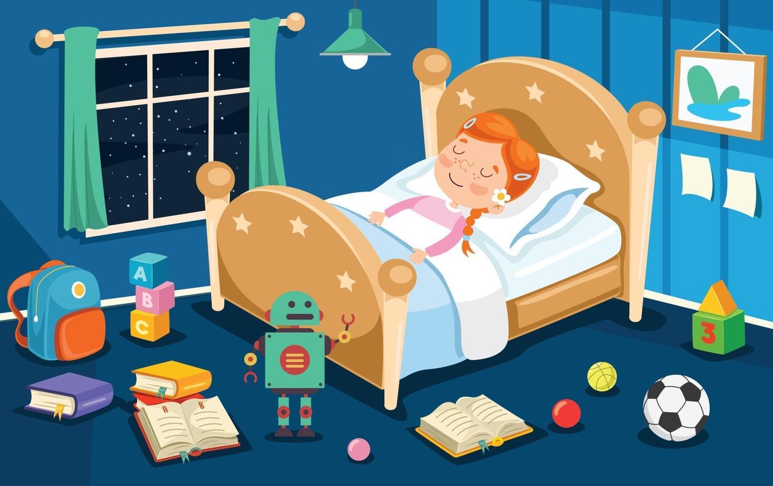 Little Cute Kid Sleeping At Bed vector