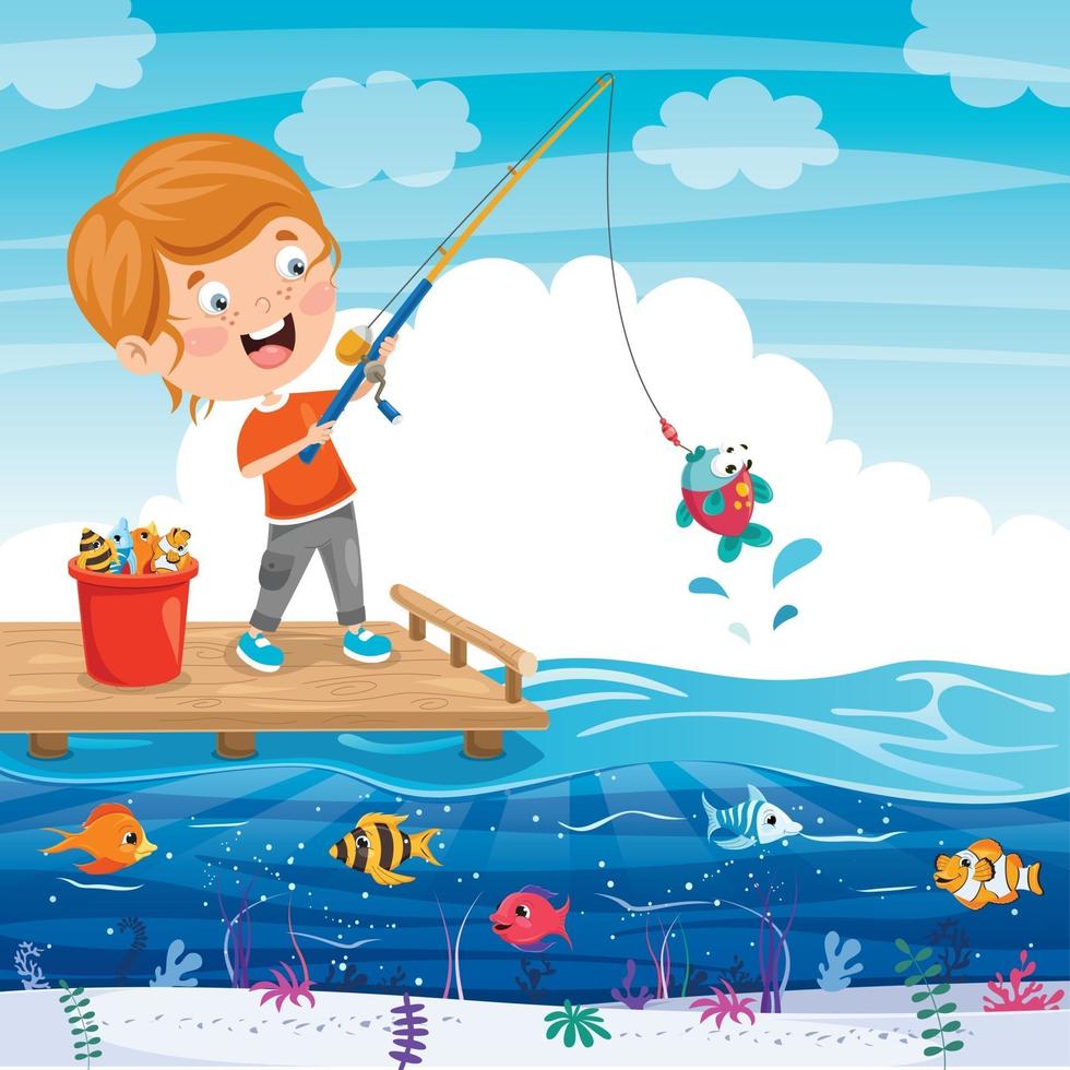 Happy Little Kid Fishing At Pier vector