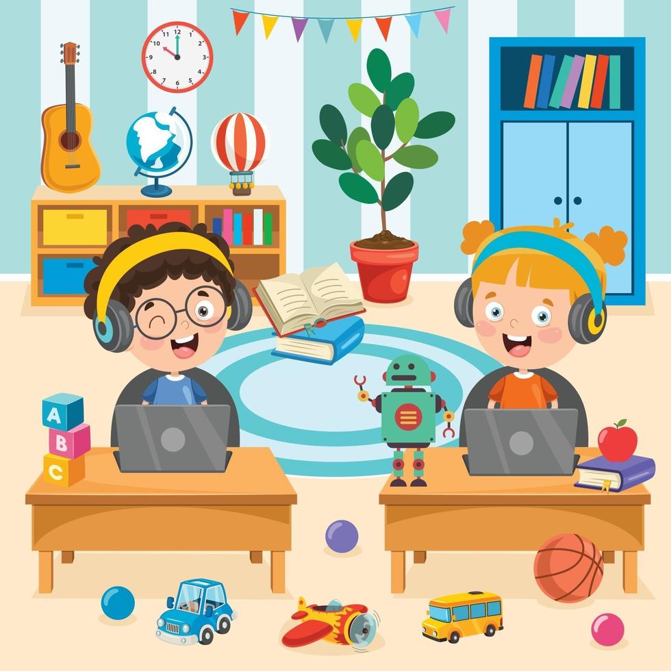 Little Happy Kid Using Technology vector