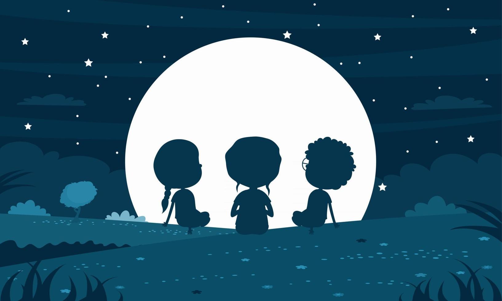 Child Silhouette At Moony Night vector