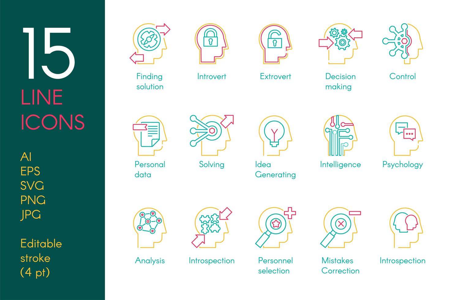 Mental activity color linear icons set vector
