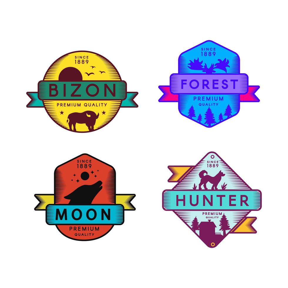 Wild Bizon and Hunter, Moon and Forest Set Logo vector