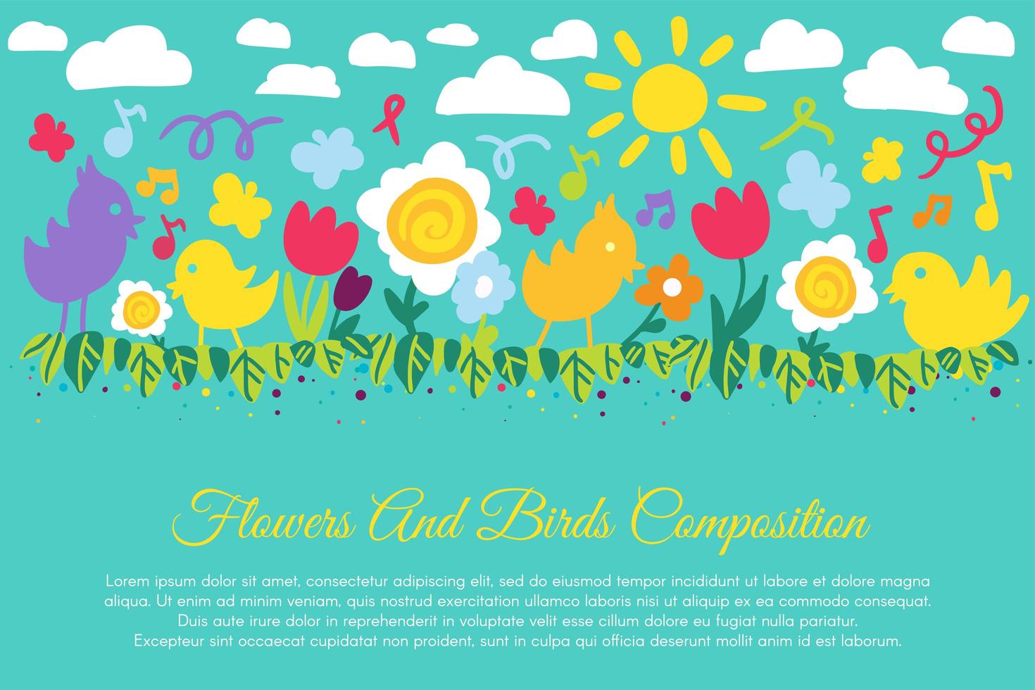 Banner plano de pájaros y flores con copyspace vector