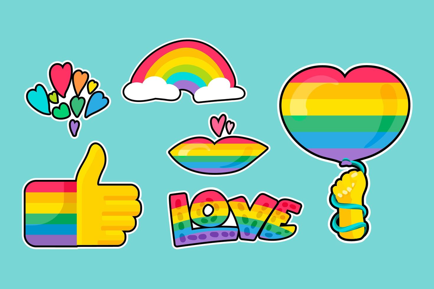 Lgbtqi rainbow pride different stickers set vector