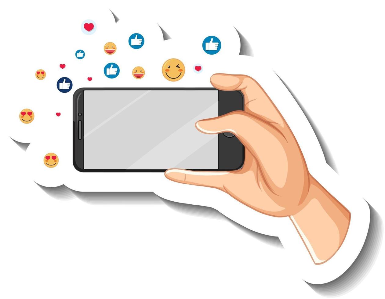 A sticker template of hand holding smart phone with social emoji icon vector