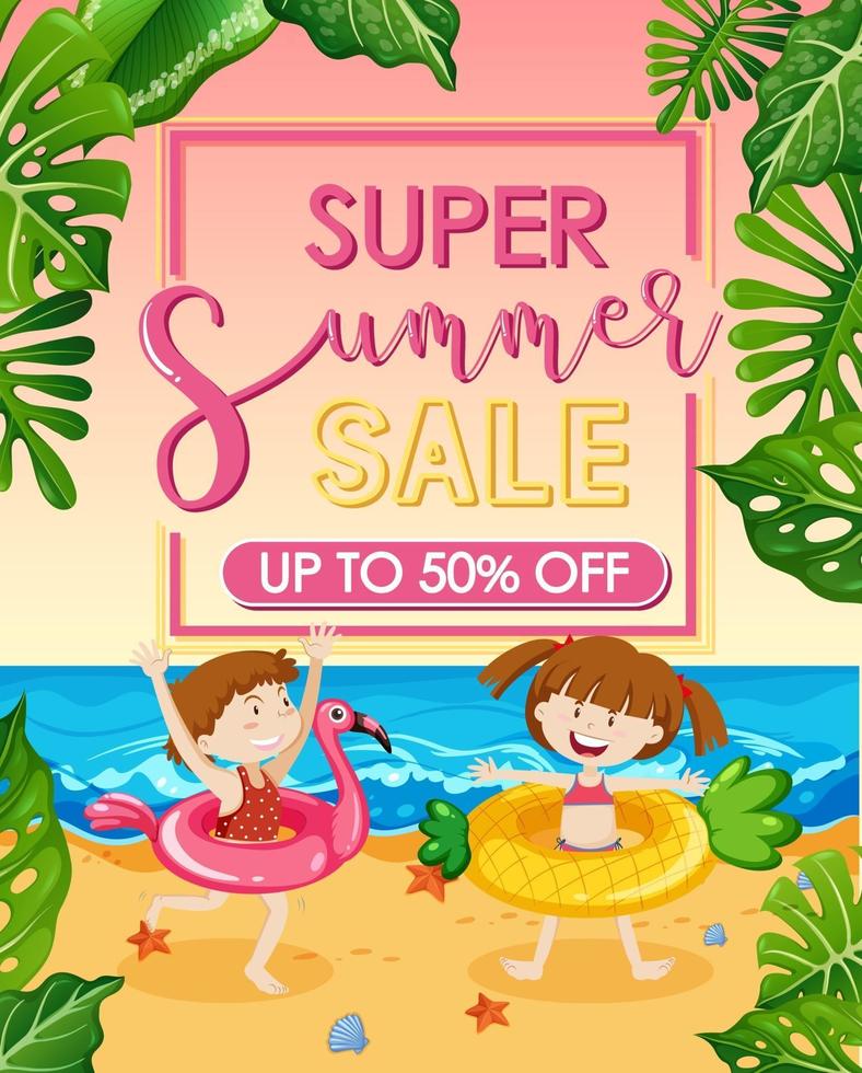 Super Summer Sale banner with a happy kids at the beach vector