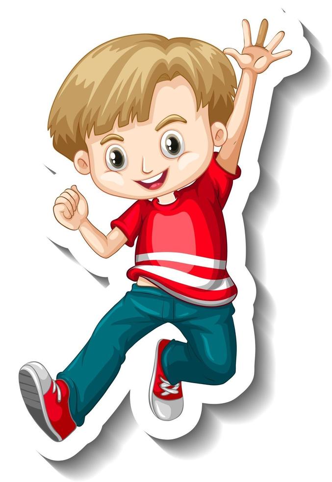 A sticker template with a boy wearing red t-shirt cartoon character vector