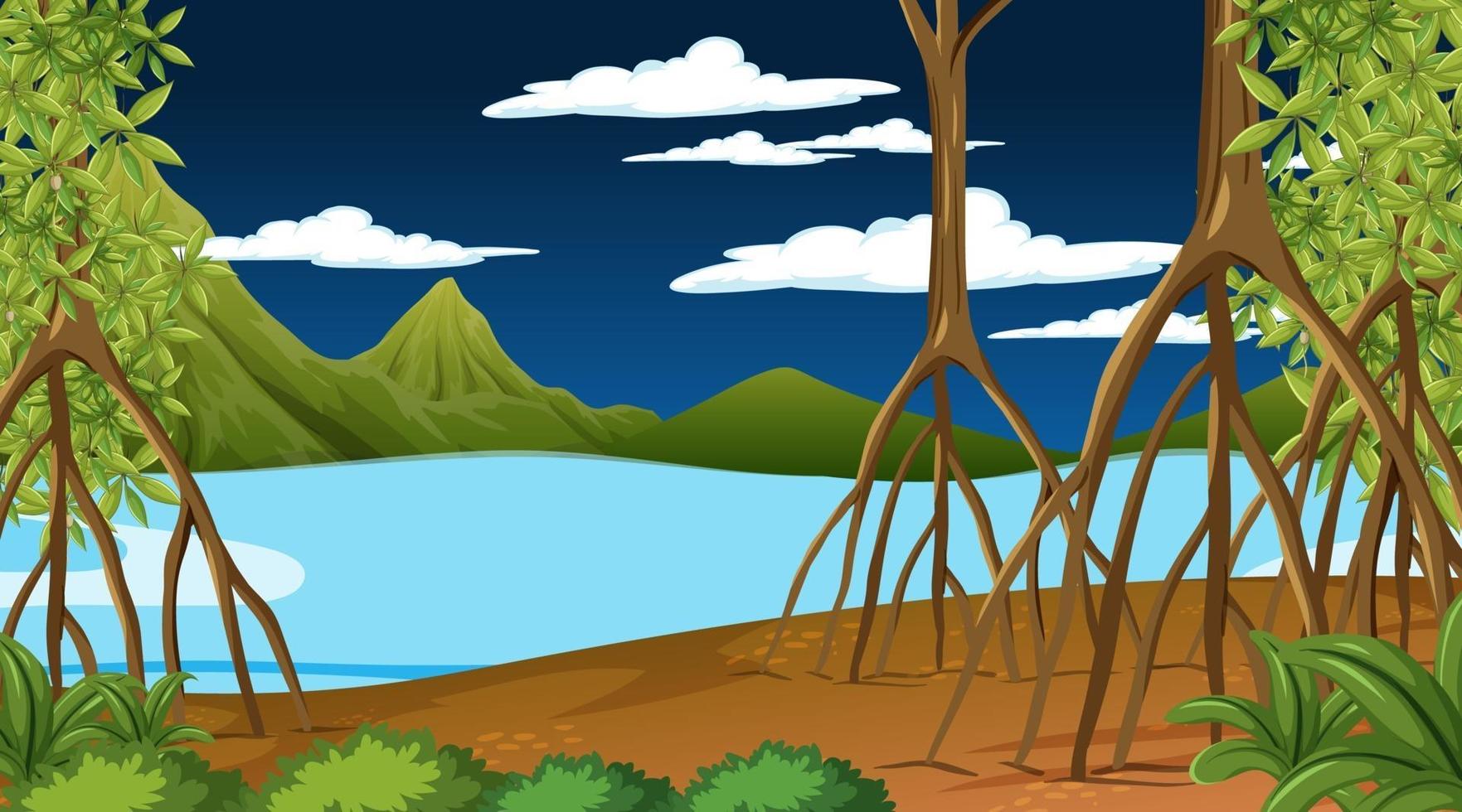 Nature scene with Mangrove forest at night in cartoon style vector