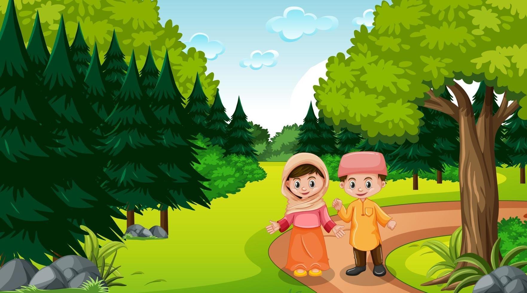Los niños musulmanes viste ropas tradicionales en el bosque. vector