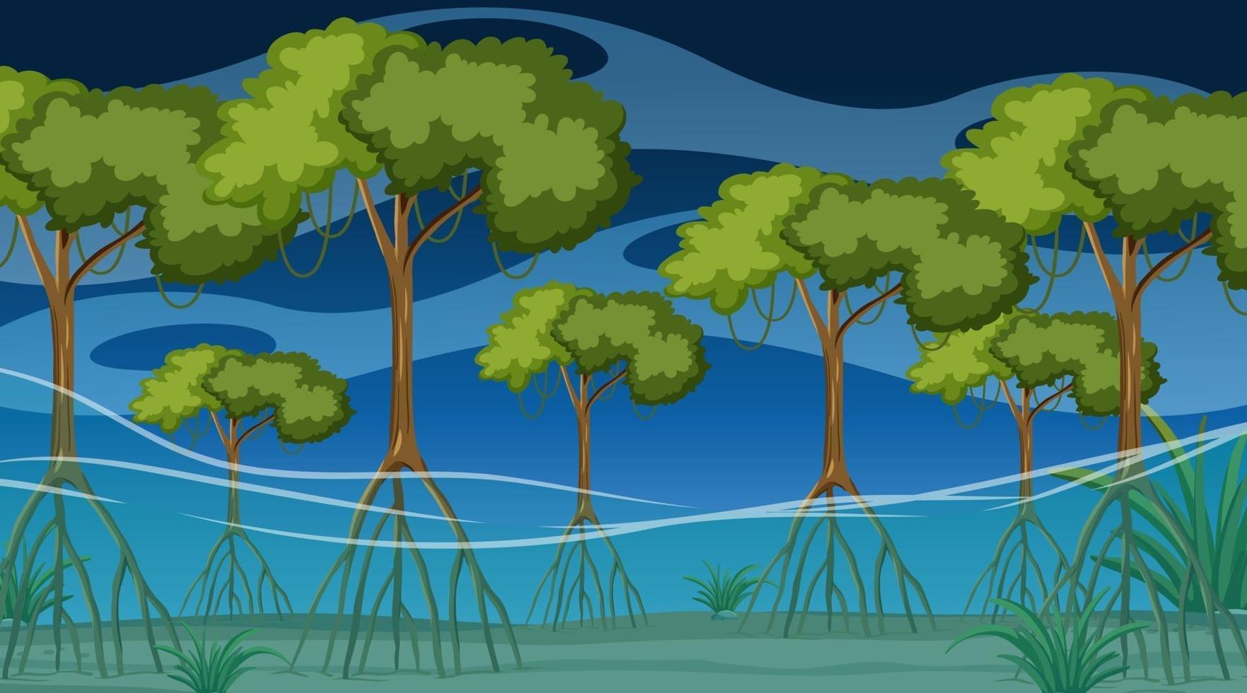 Nature scene with Mangrove forest at night in cartoon style vector