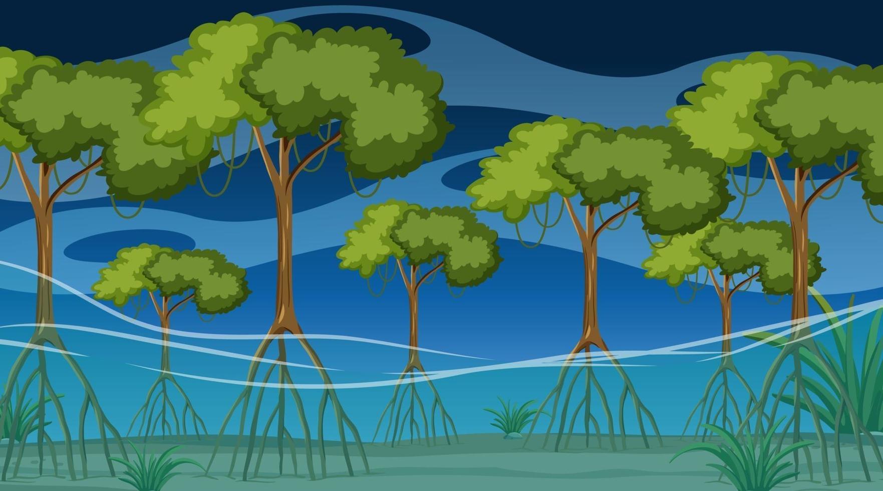 escena de la naturaleza con bosque de manglares en la noche en estilo de dibujos animados vector