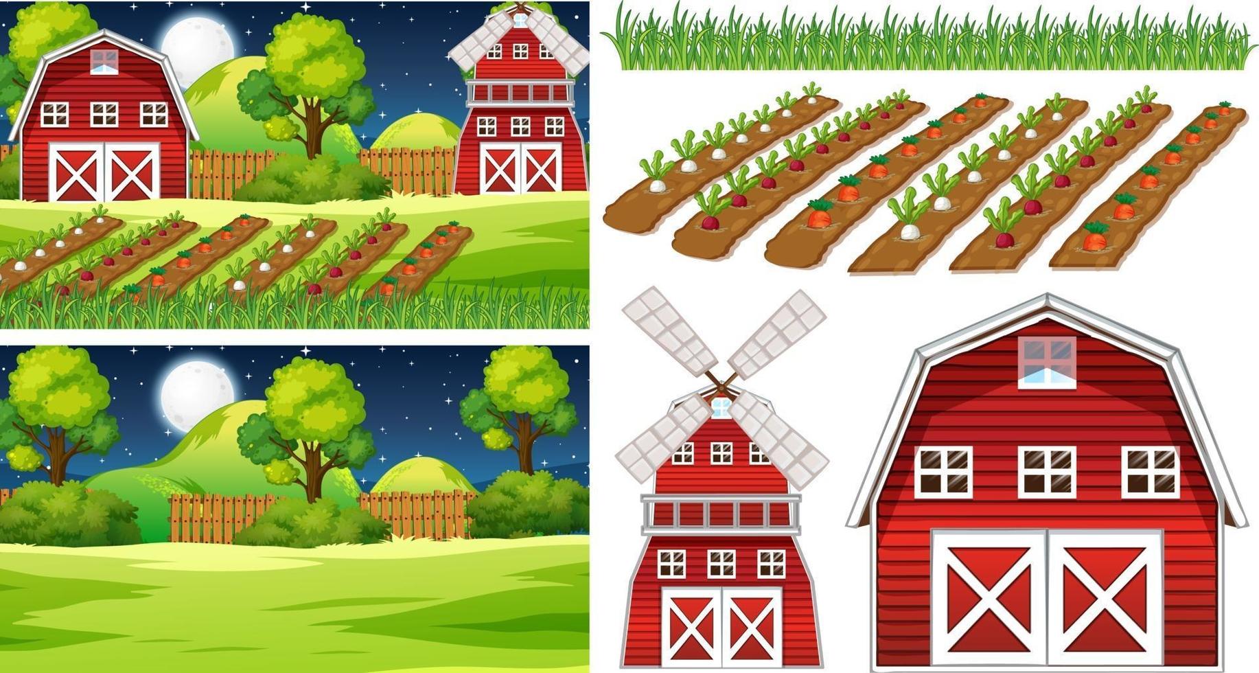 Farm element set isolated with farm scene vector