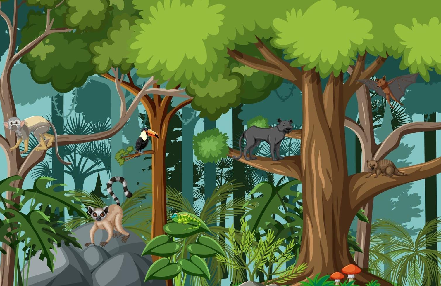 Tropical rainforest scene with various wild animals vector