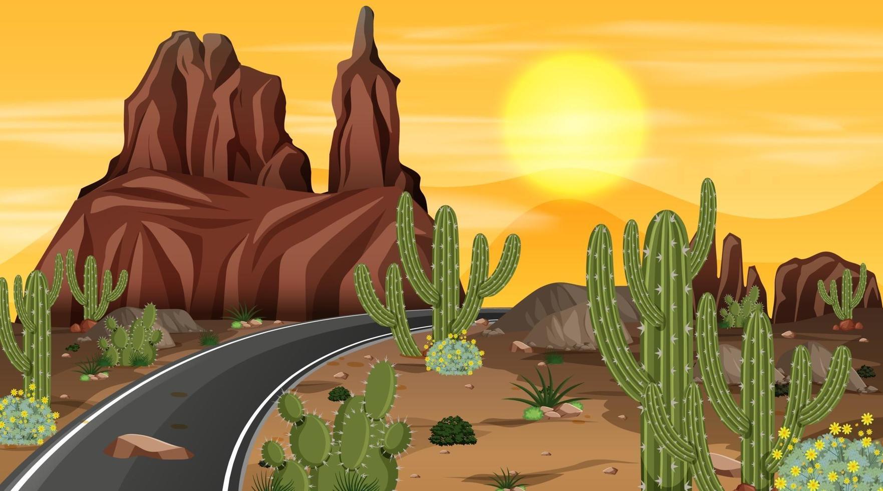 Desert forest landscape at night scene with long road vector