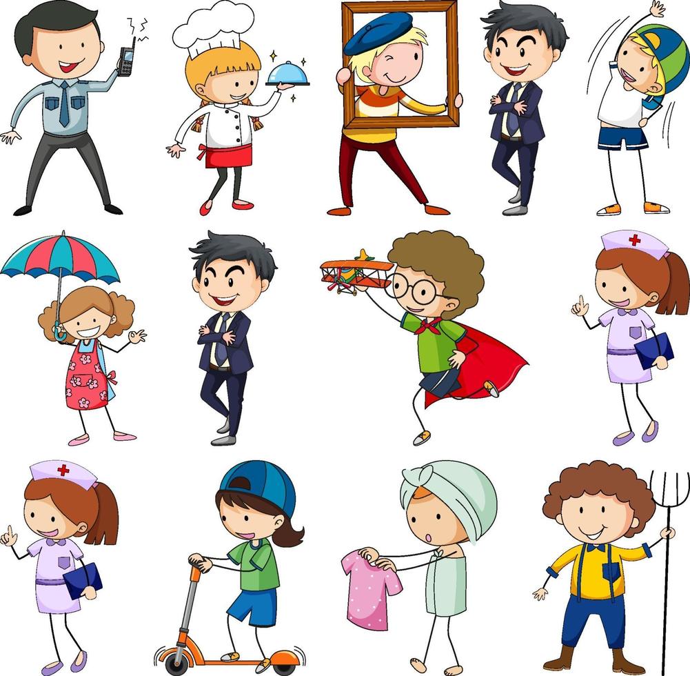 Set of different doodle kids cartoon character isolated vector