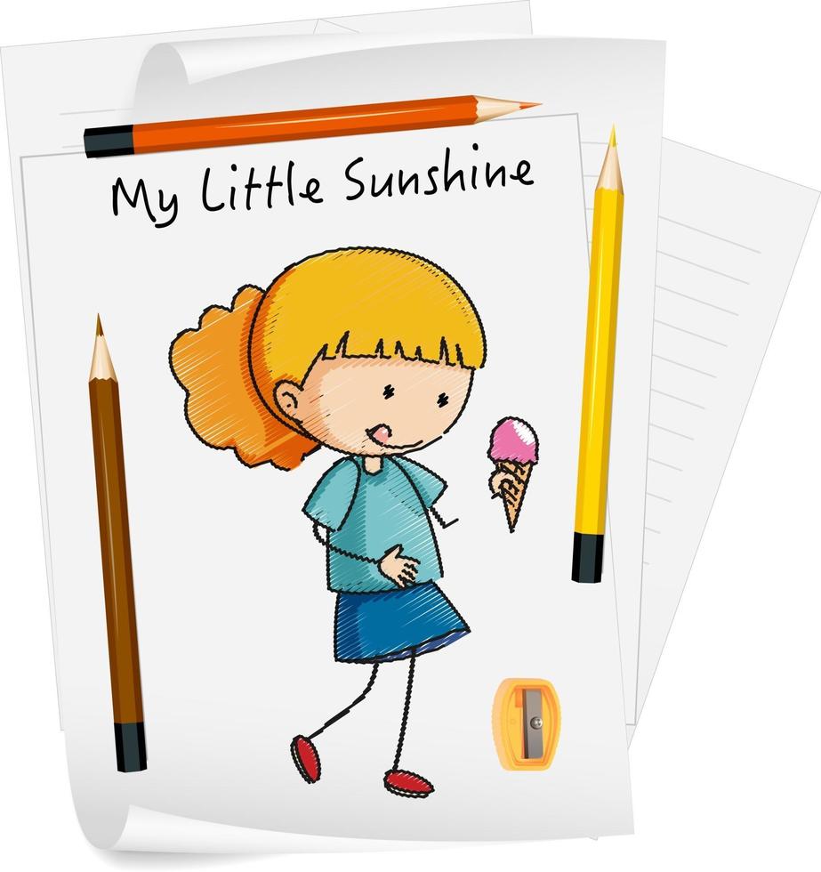 Sketch little kids cartoon character on paper isolated vector