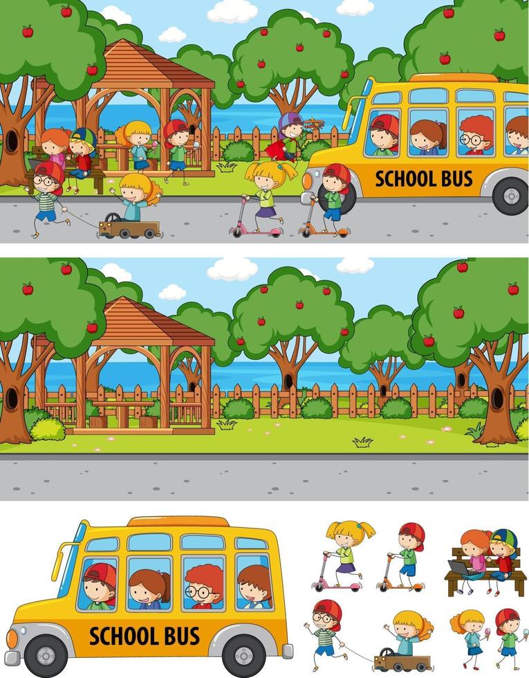 Park scene set with many kids doodle cartoon character isolated vector