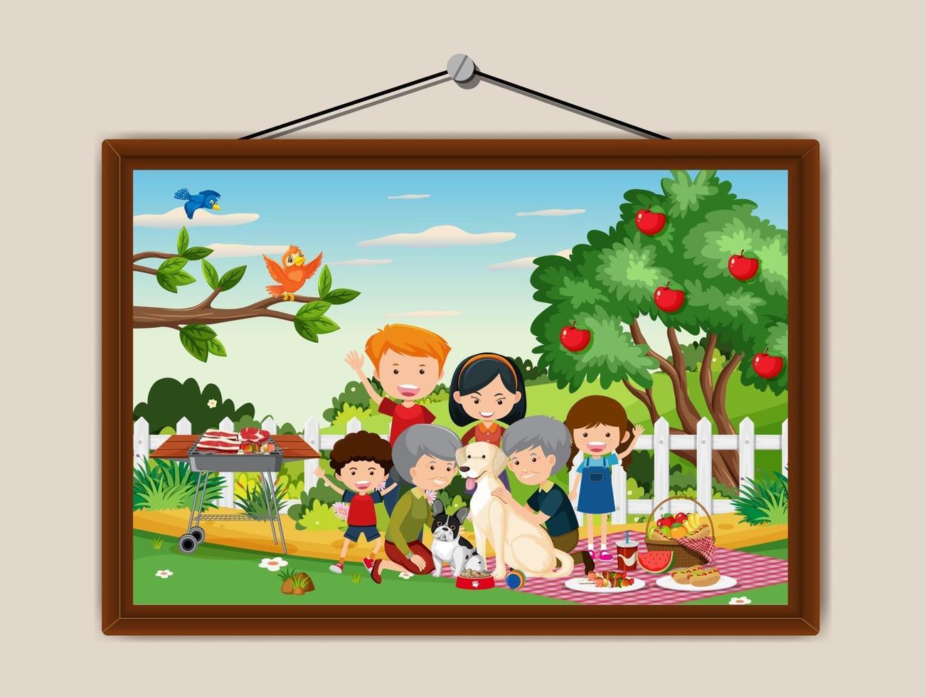 Happy family picnic outdoor scene in a photo frame hanging on the wall vector