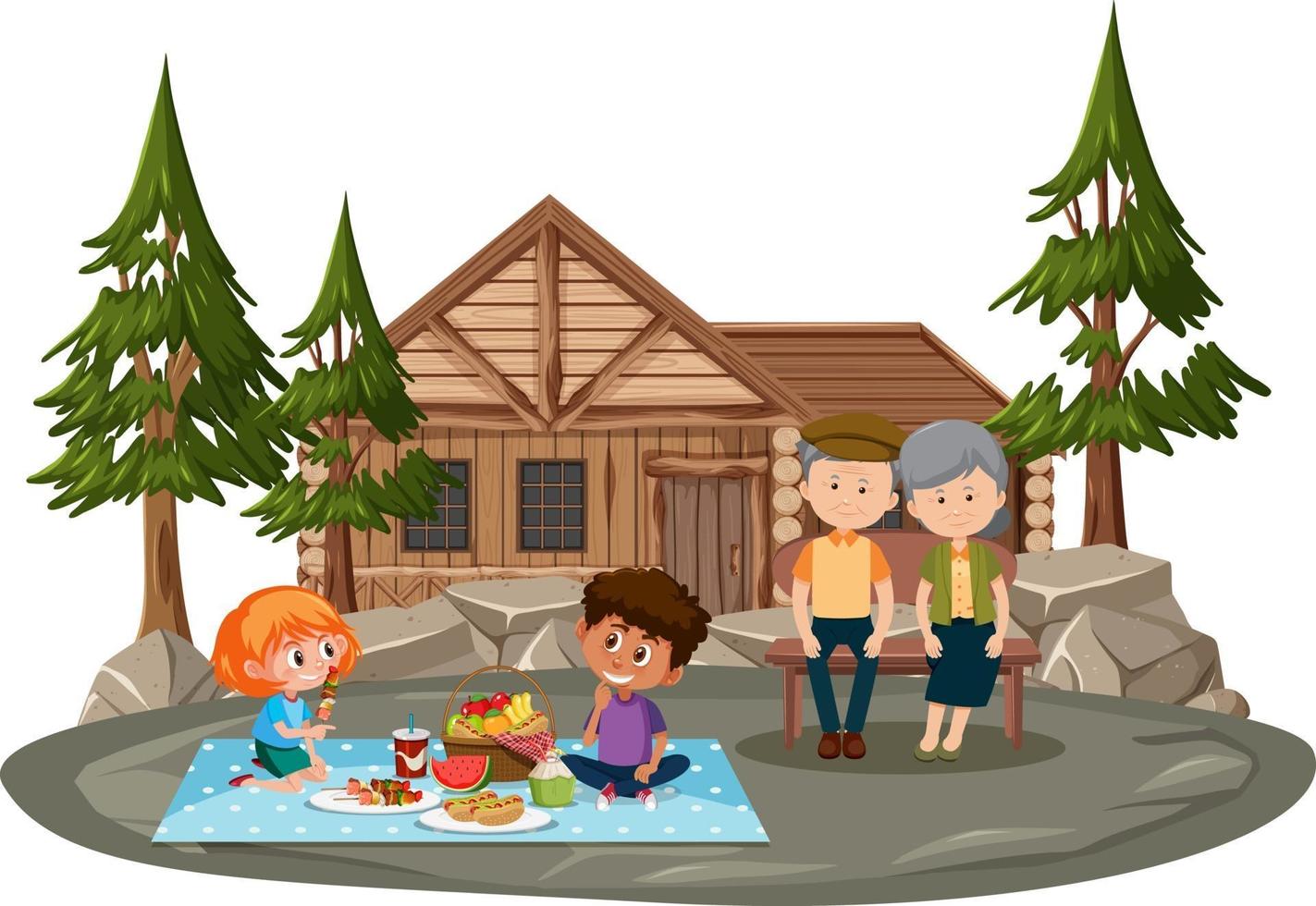 Old couple doing picnic in with many children the park isolated vector