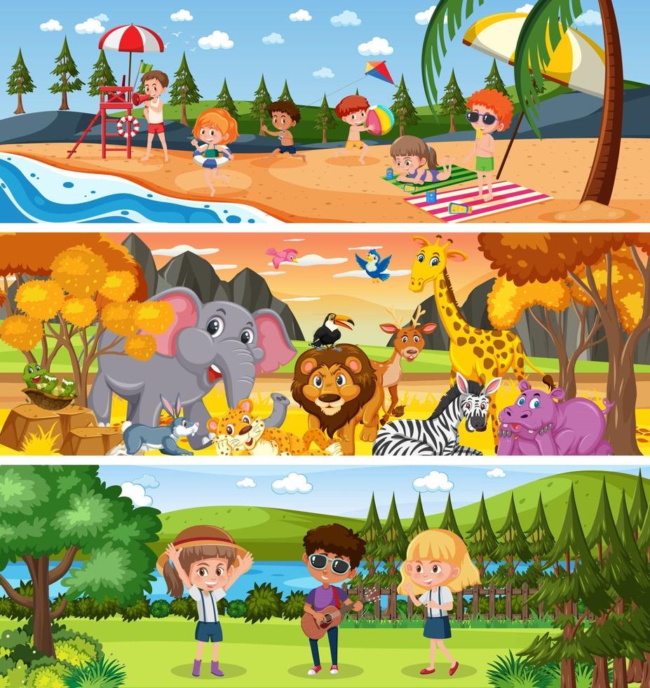 paisaje de naturaleza diferente en la escena diurna con personaje de dibujos animados vector