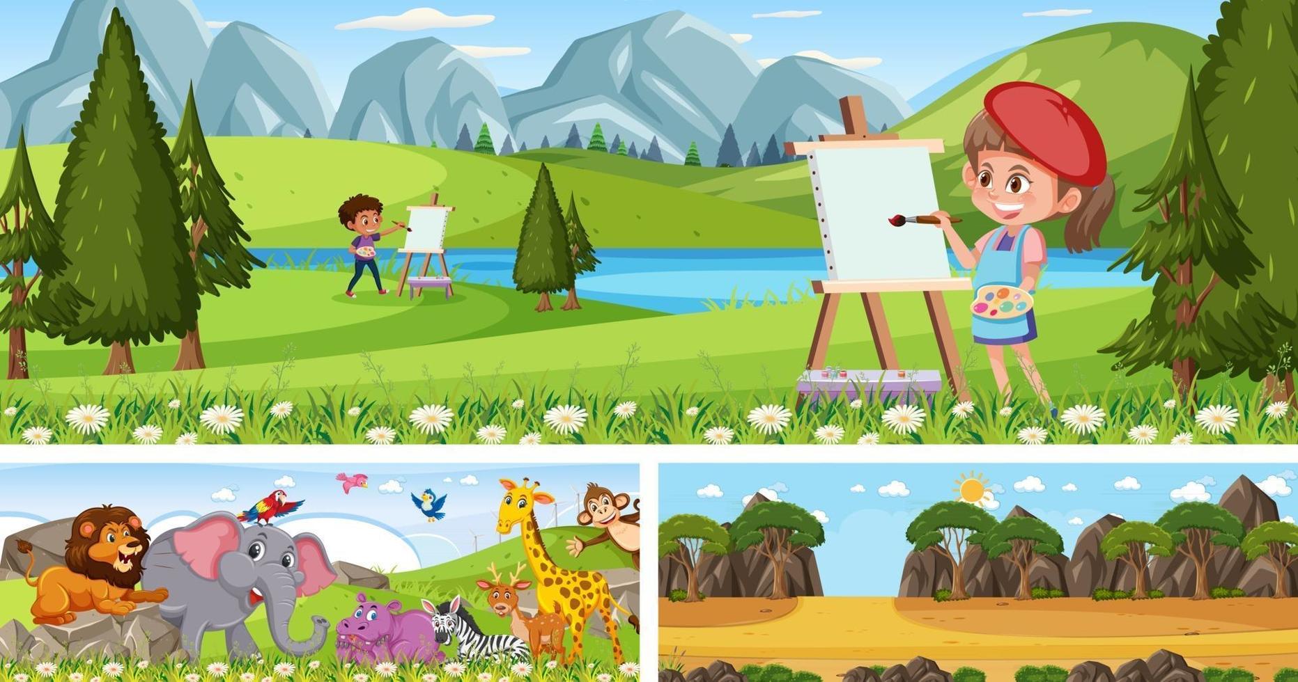 Set of different outdoor panoramic landscape scenes with cartoon character vector