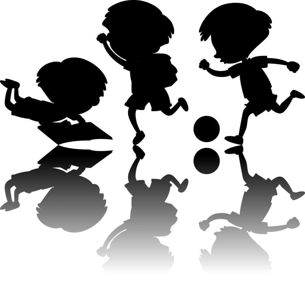 Conjunto de silueta de niños con reflejos sobre fondo blanco. vector