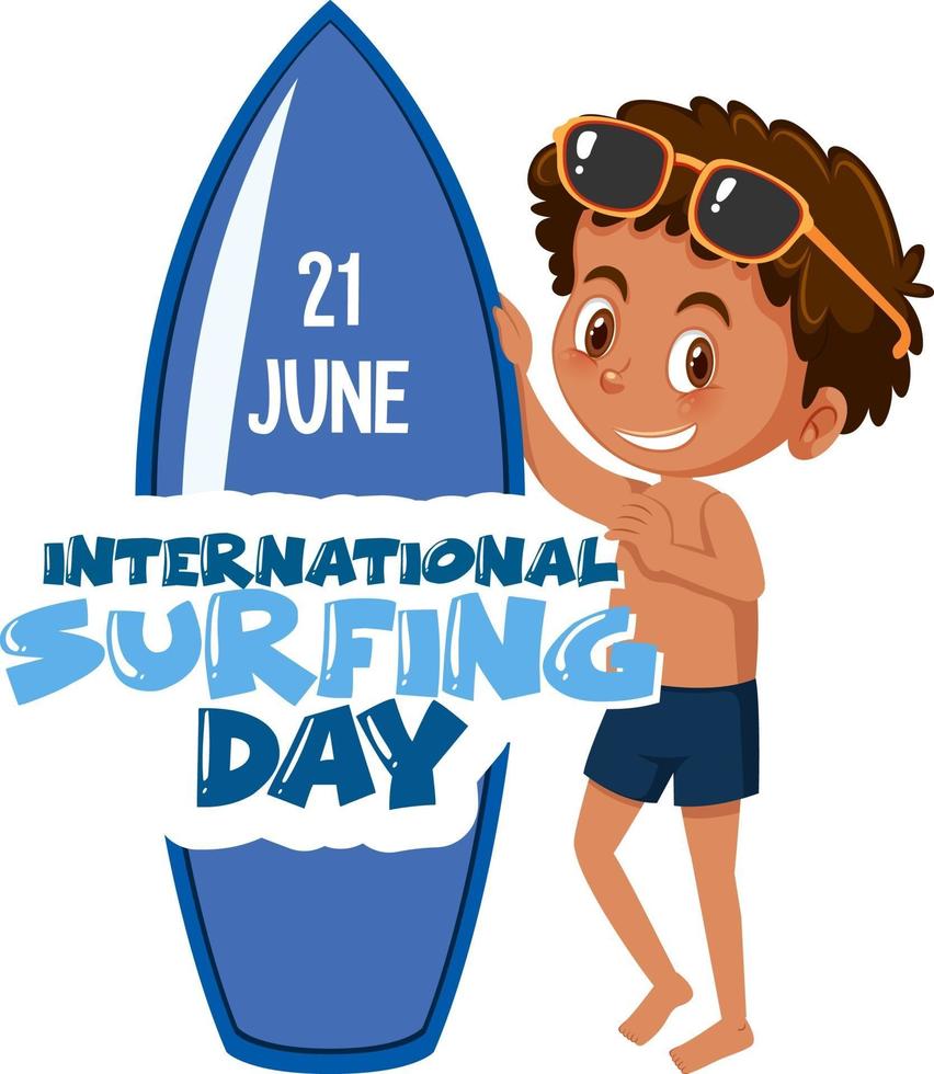 banner del día internacional del surf con un personaje de dibujos animados surfista chico aislado vector