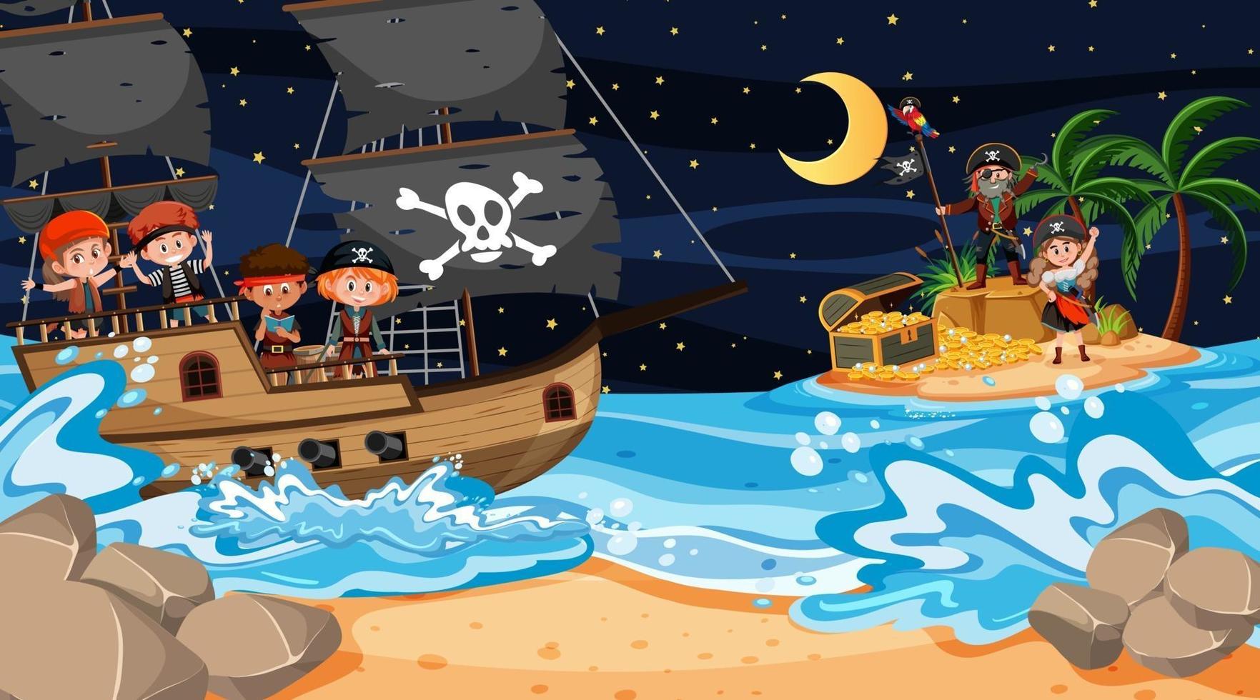 escena de la isla del tesoro en la noche con niños piratas en el barco vector