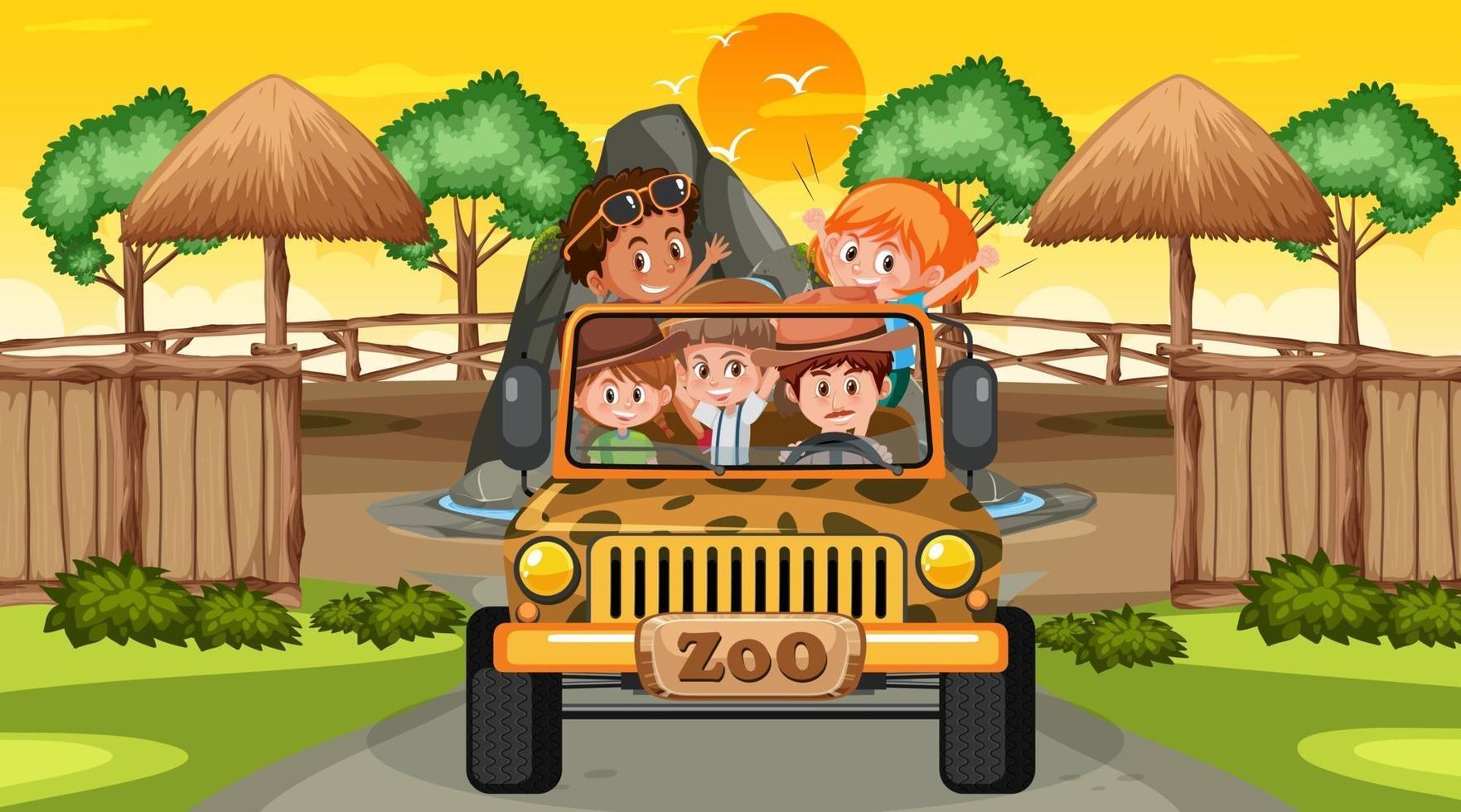 zoológico al atardecer escena con muchos niños en un coche jeep vector