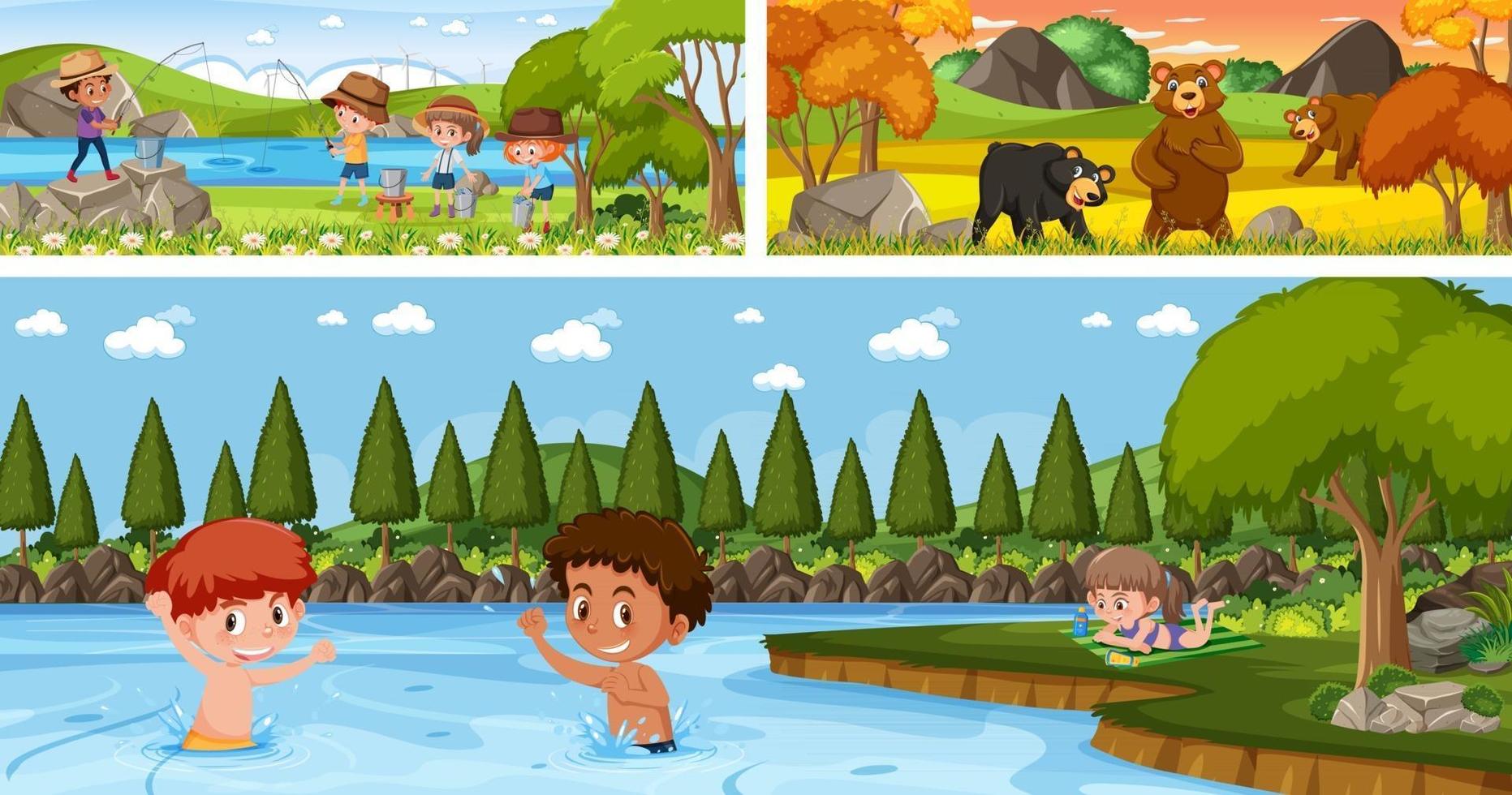 Set of different outdoor panoramic landscape scenes with cartoon character vector