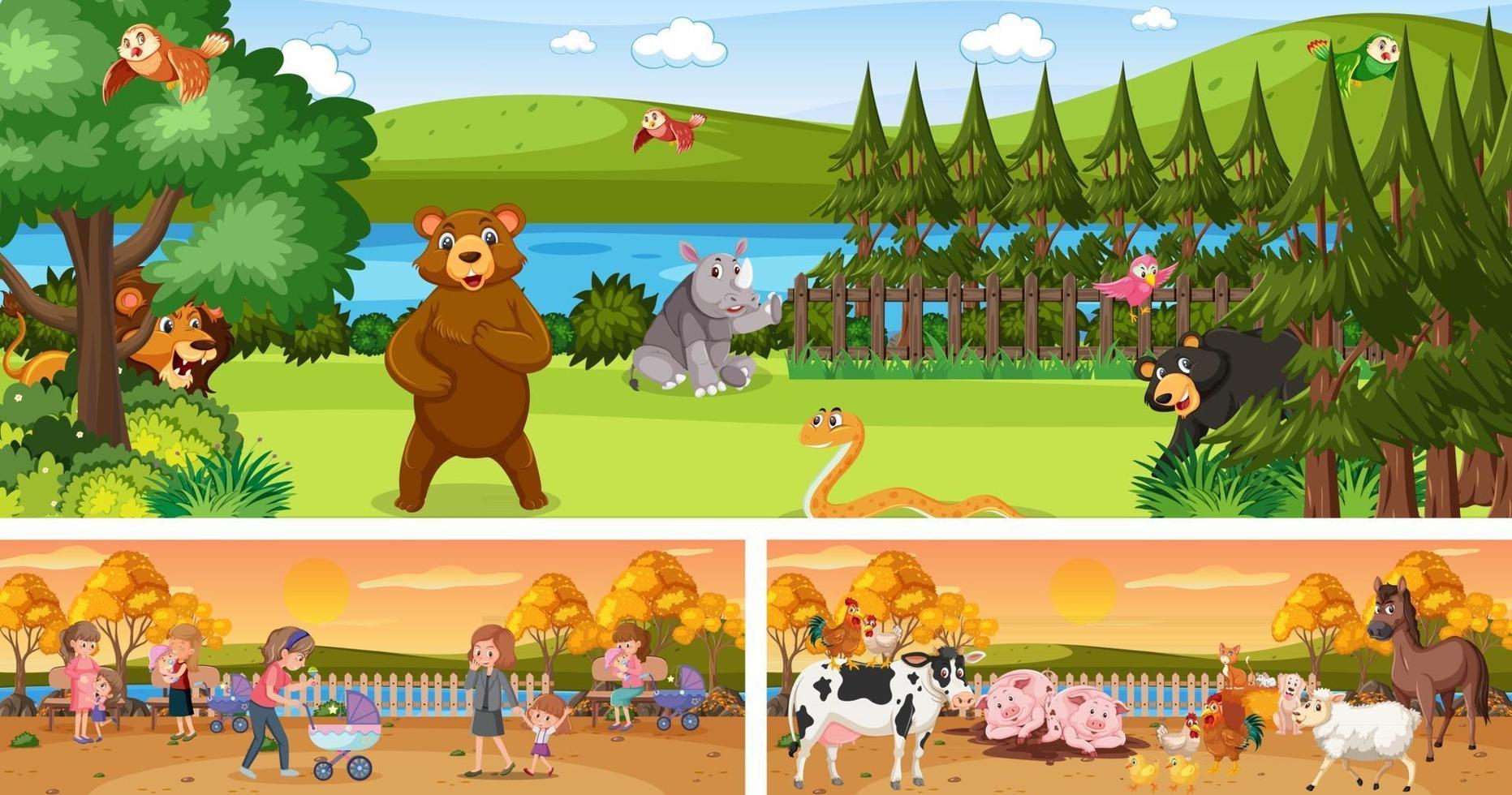 Set of different outdoor panoramic landscape scenes with cartoon character vector