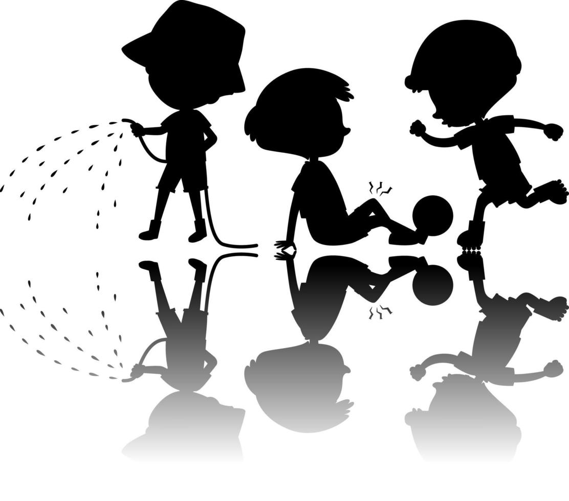 Set of kids silhouette with reflex on white background vector