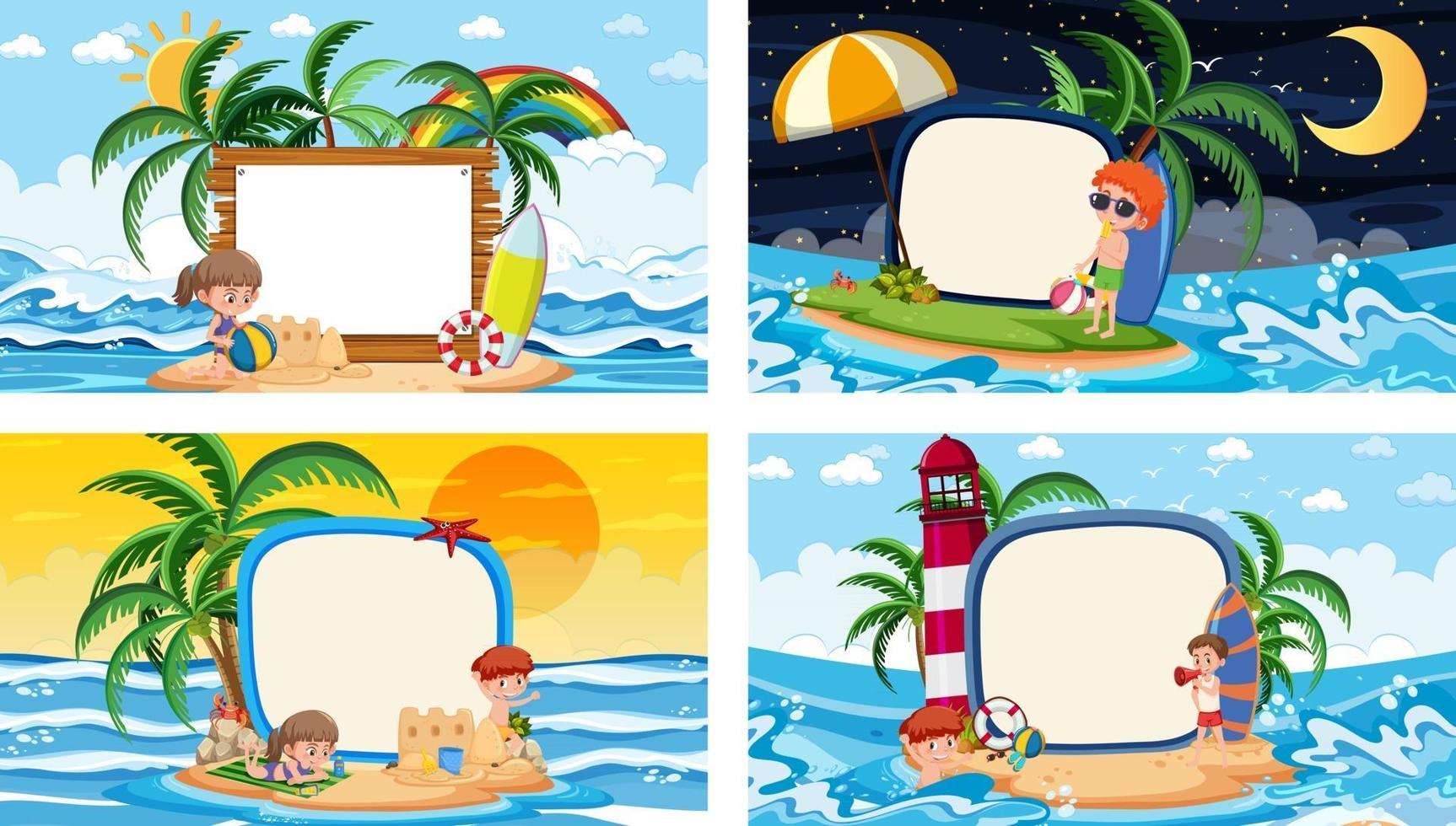 Set of different tropical beach scenes with blank banner vector