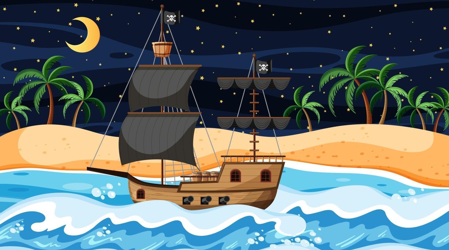 Ocean with Pirate ship at night scene in cartoon style vector