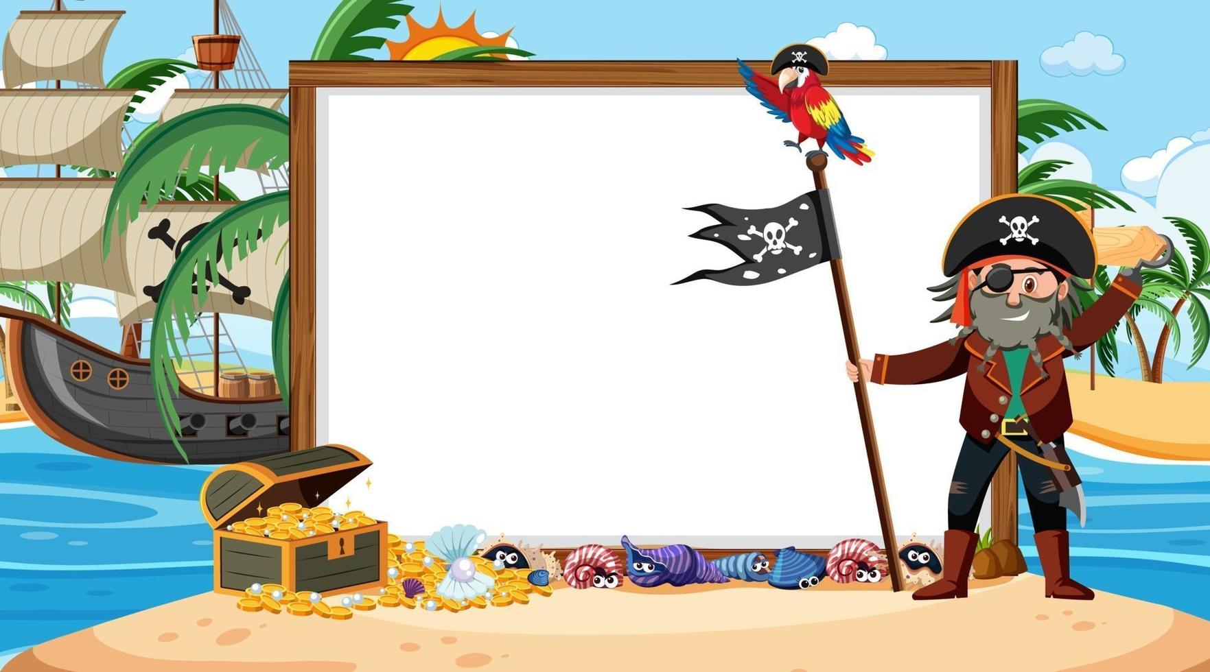 Empty banner template with captain pirate at the beach sunset scene vector