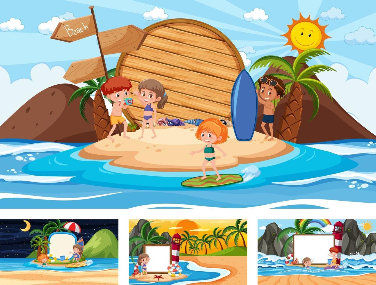 Set of blank banner in different tropical beach scenes vector