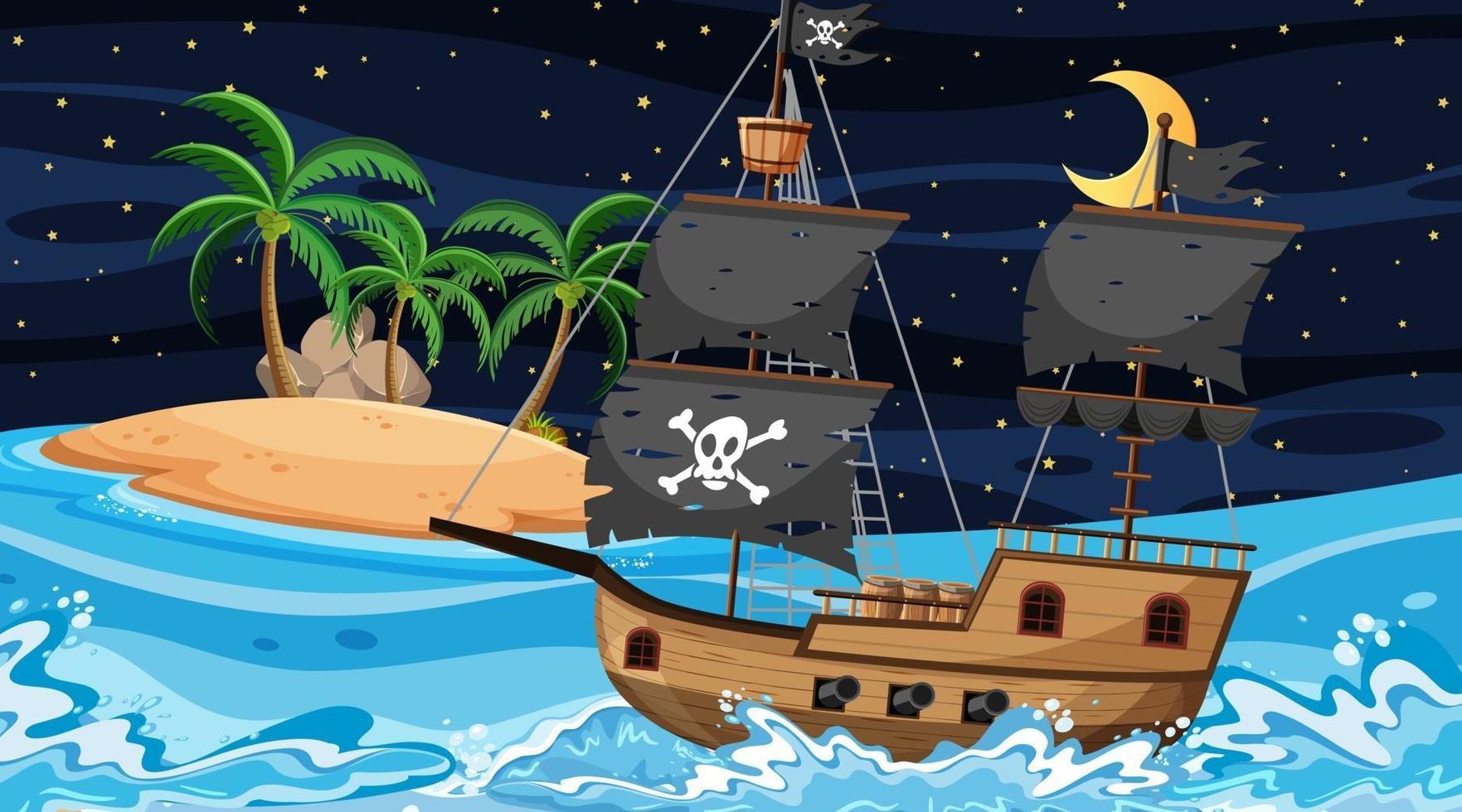 Ocean with Pirate ship at night scene in cartoon style vector