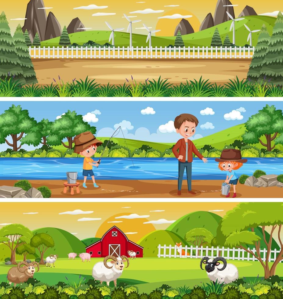 paisaje de naturaleza diferente en la escena diurna con personaje de dibujos animados vector