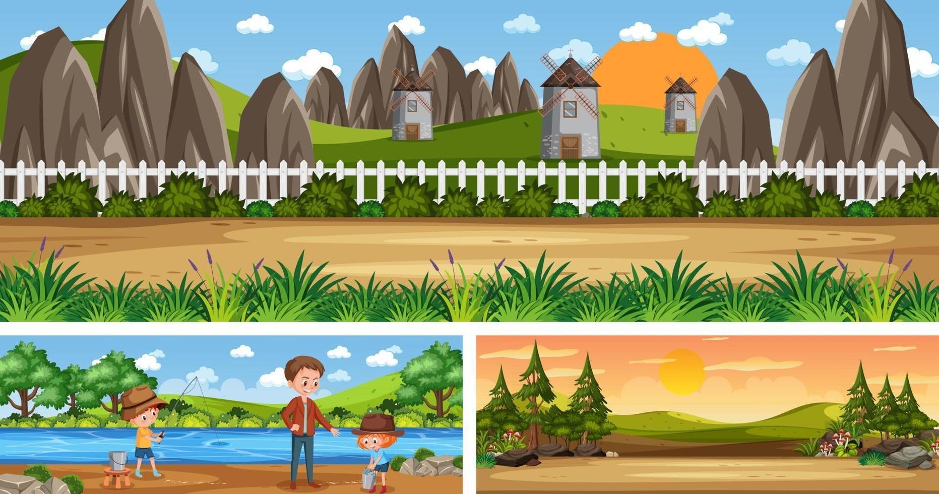 Set of different outdoor panoramic landscape scenes with cartoon character vector