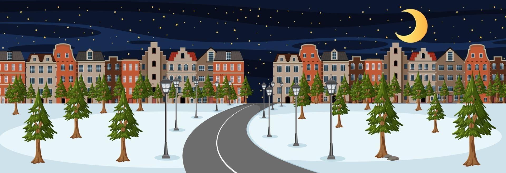 Escena horizontal en la noche con un largo camino a través del parque de nieve hacia la ciudad. vector