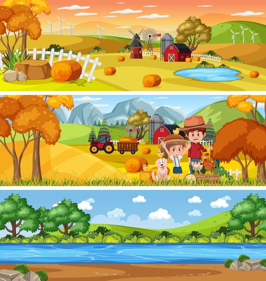 Outdoor panorama landscape scene set with cartoon character vector