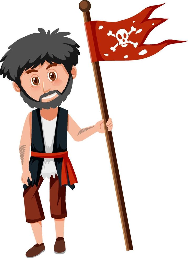 Concepto pirata con un hombre sujetando el Jolly Roger aislado sobre fondo blanco. vector