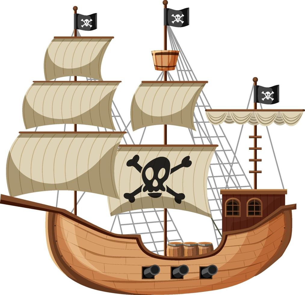 Barco pirata en estilo de dibujos animados aislado sobre fondo blanco. vector