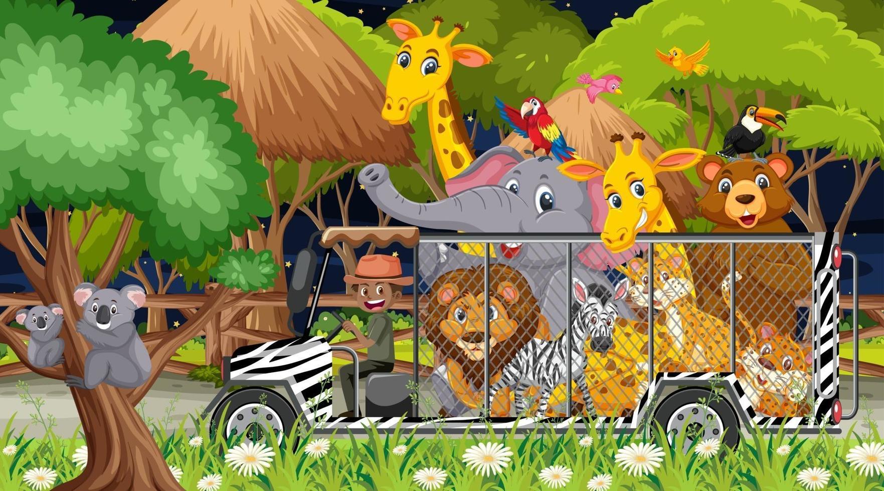 safari en la escena nocturna con animales en el coche de la jaula. vector
