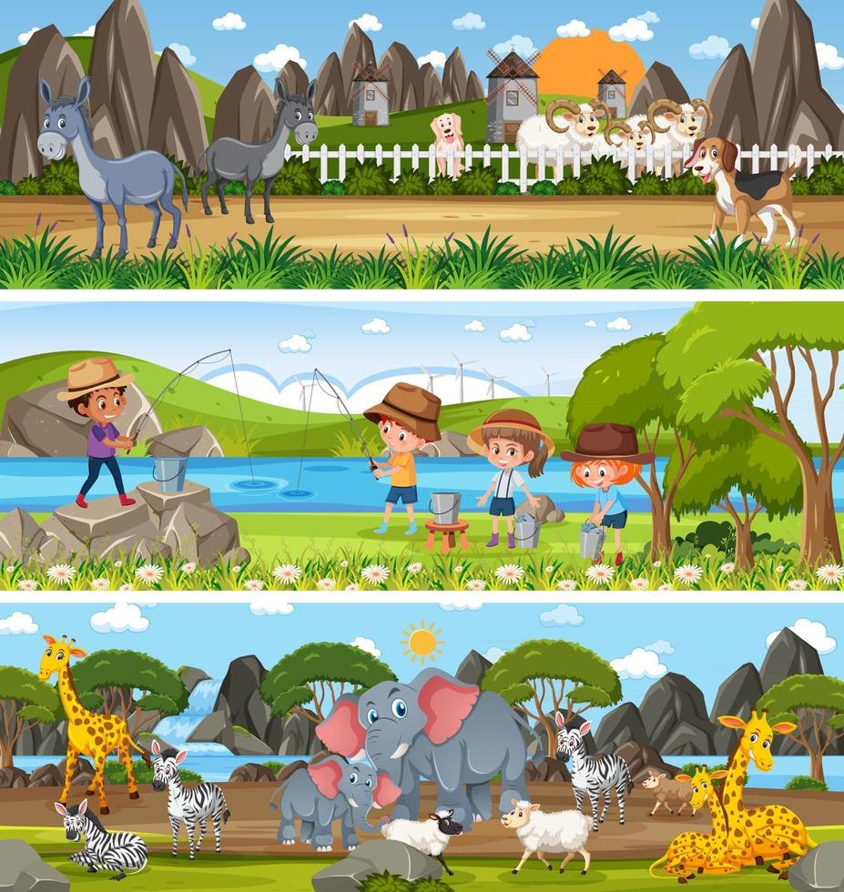 Different panoramic nature landscape set with cartoon character vector