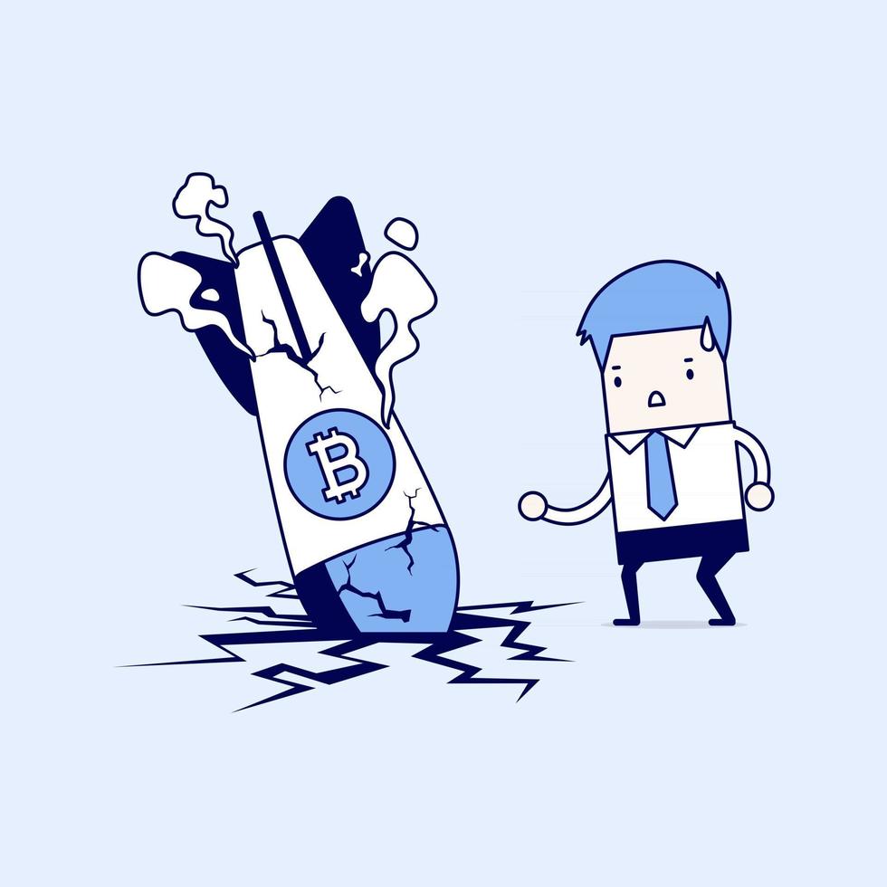 Businessman with Bitcoin rocket crash flying down. Cartoon character thin line style vector. vector