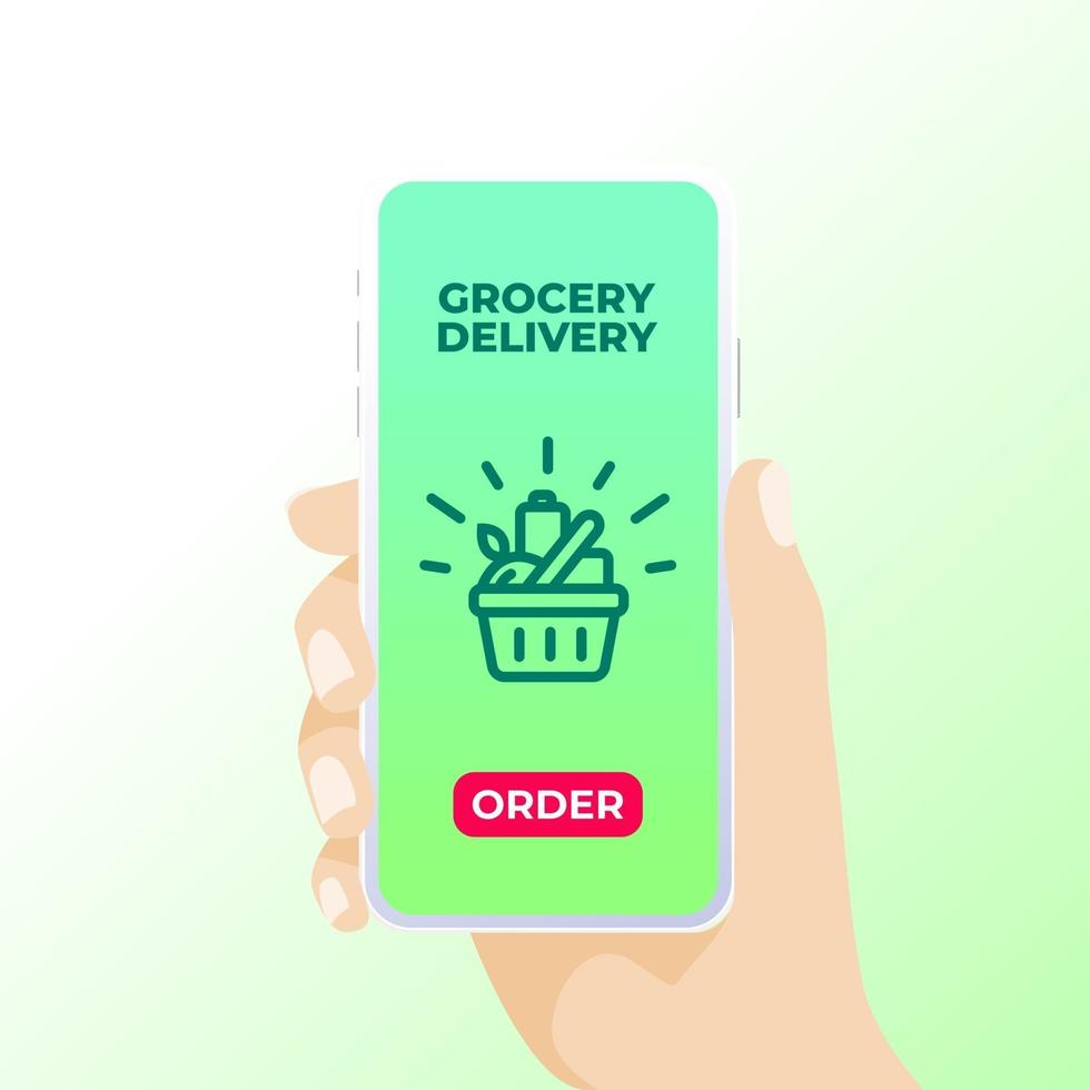 A hand holding smart phone that shows grocery basket and order button. vector