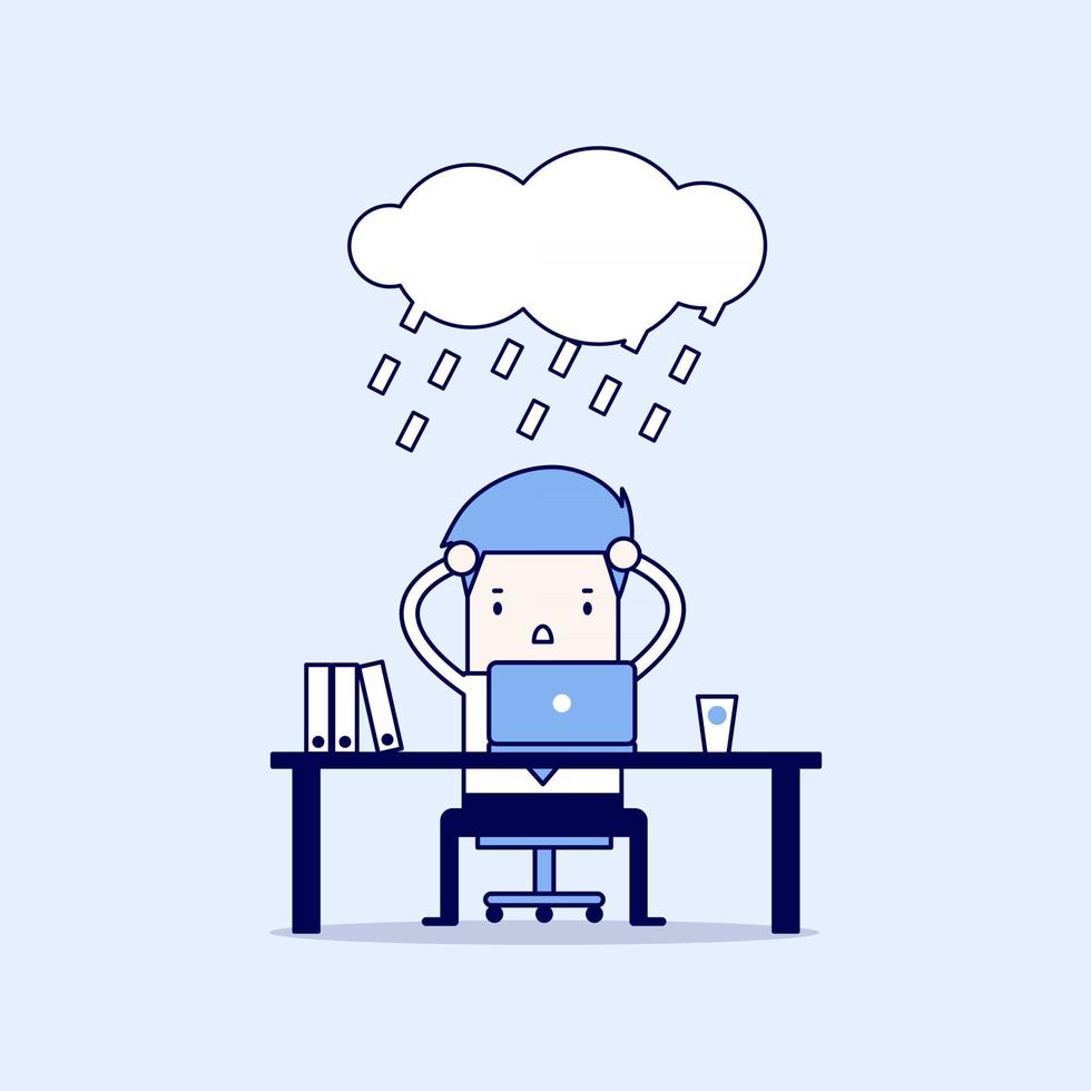 Businessman strain with rain cloud on his head. Cartoon character thin line style vector. vector